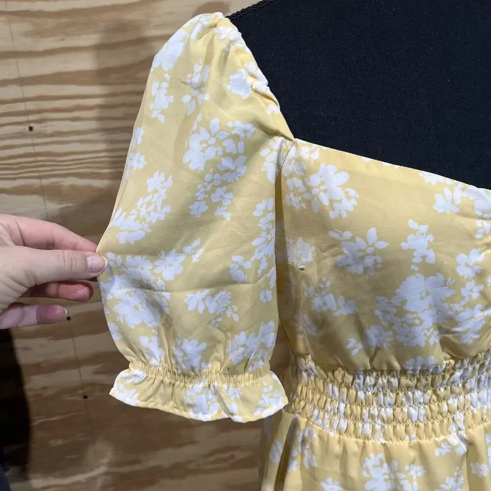 Abercrombie & Fitch Babydoll Dress Smocked Yellow Floral Size M Y2K Cottagecore - Picture 7 of 16